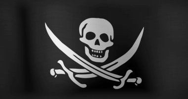 Kafatası ve kılıç sallayan korsan bayrağı. Vatanseverlik, siyaset ve kutlama konsepti dijital olarak oluşturulmuş imaj.