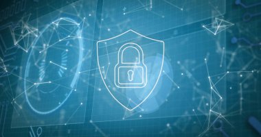 Çevrimiçi güvenlik asma kilit ikonunun görüntü bağlantıları, kapsam taraması. küresel çevrimiçi güvenlik, ağlar, dijital arayüz ve dijital olarak oluşturulan veri işleme kavramı.