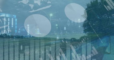 Yol trafiğiyle zaman aşımındaki grafikler ve finansal veriler. finans, ekonomi ve ulaşım kavramı dijital olarak oluşturulmuş görüntü.