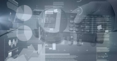 Beyaz adamın ödeme terminalini elinde tutan grafiklerin ve finansal verilerin resmi. finans, ekonomi, temassız ödemeler ve dijital olarak üretilen teknoloji konsepti.