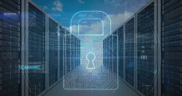 Image of online security padlock and data processing over computer servers. global online security, data processing and cyber crime concept digitally generated image.