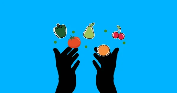 Multiple Fruits Vegetables Icons Floating Silhouette Hands Blue Background Vegan — Foto Stock