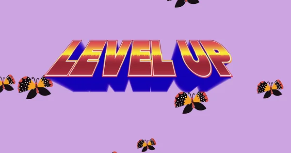 Image of level up in digital abstract space with butterflies. computer, games and technology concept digitally generated image.