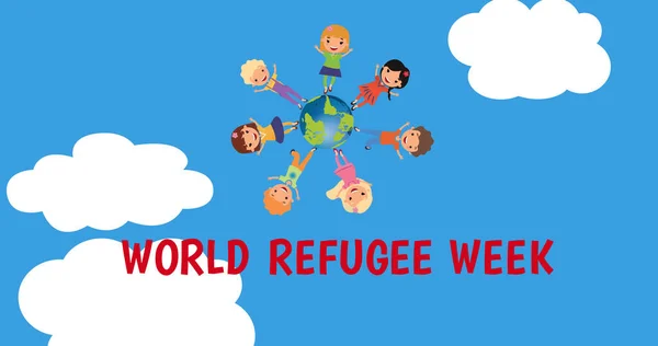 Image Refugee Week Text Diverse Children Standing Globe Refugee Week — Stock Photo, Image