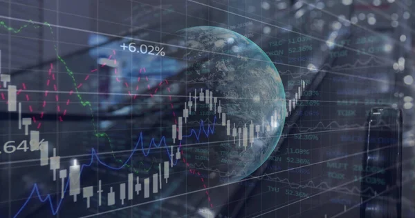 Image of financial graphs, data and globe over escalator. global finance, economy and technology concept digitally generated image.