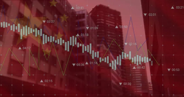 Kínai Zászló Képe Városkép Feletti Adatfeldolgozás Globális Üzleti Pénzügyi Digitális — Stock Fotó