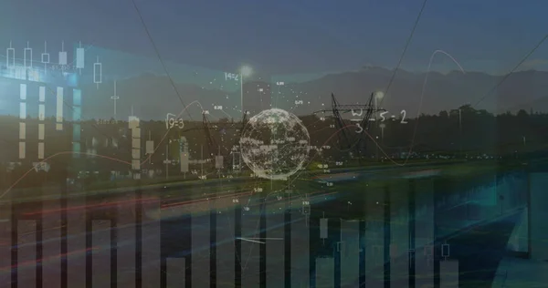 Beeld Van Gegevensverwerking Stadsgezicht Global Sport Verbindingen Digitaal Interface Concept — Stockfoto