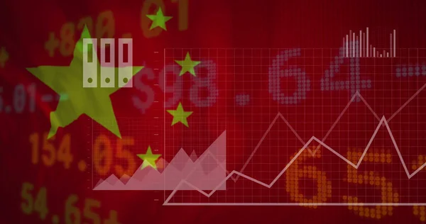 Finansal Veriler Çin Bayrağı Üzerindeki Grafikler Küresel Ekonomi Finans Politika — Stok fotoğraf