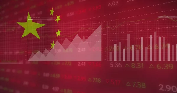 Изображение Финансовых Данных Графиков Над Флагом Китая Глобальная Экономика Финансы — стоковое фото