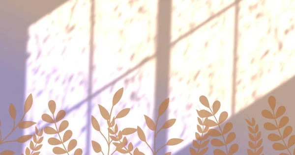 Image of plants over leaves and window shadow on orange background. shadow, pattern and colour concept digitally generated image.