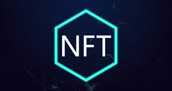 Obraz Tekstu Nft Neonowym Sześciokącie Nad Białymi Kształtami Niebieskim Tle — Zdjęcie stockowe
