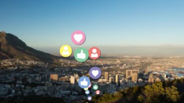 Manzaranın önünde uçan sosyal ağ simgelerinin canlandırması