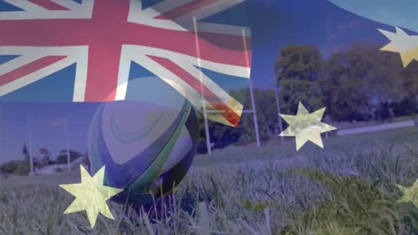 Animação Bandeira Australiana Acenando Sobre Jogador Rugby Chutando Uma Bola — Vídeo de Stock
