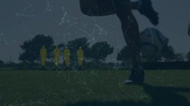 Arka planda futbol sahasında topa vuran bir futbolcunun alt kısmıyla karmaşık bir bağlantı ağının animasyonu