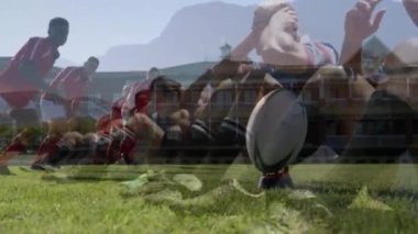 Stadyumdaki ragbi maçının animasyonunda rugby oyuncuları ön planda çalışıyor.