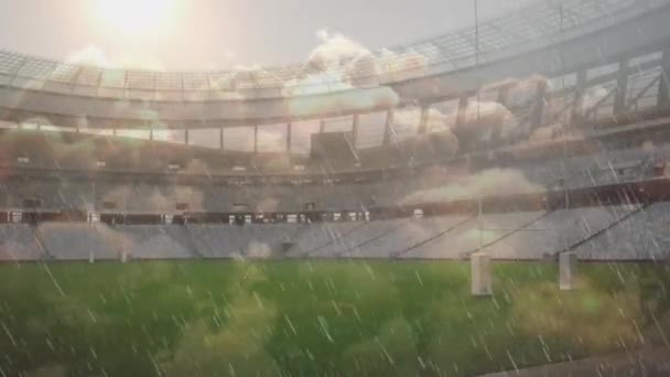 Animación Del Cielo Nublado Lluvia Cayendo Estadio Deportivo Vacío Previsión — Vídeo de stock