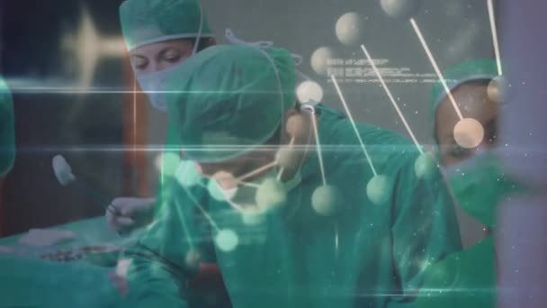 Анимация Вращения Нити Днк Обработки Данных Над Хирургами Операционной — стоковое видео