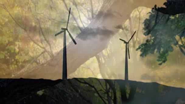 Animation Turning Wind Turbines Trees Foreground — Stock Video