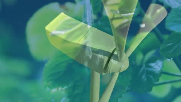 Анимация Поворота Ветрогенератора Деревьями Переднем Плане — стоковое видео