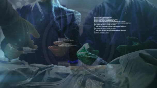 手术室的数据处理和Dna链在外科医生上旋转的动画制作 — 图库视频影像