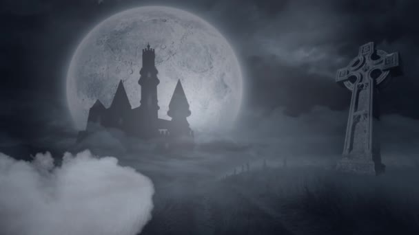 Animação Nuvens Fumaça Frente Pedra Tumular Castelo Lua Cheia Halloween — Vídeo de Stock