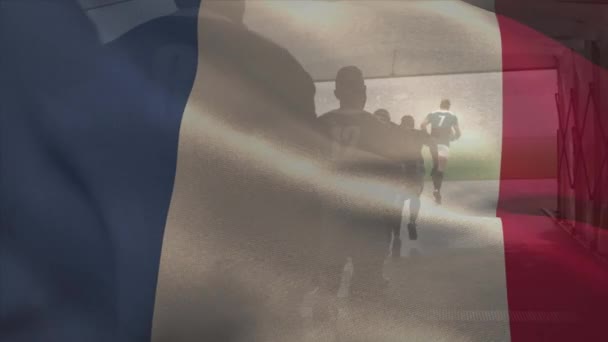 Rugby Oyuncularının Stadyumdaki Sahada Koşuşturan Fransız Bayrağının Animasyonu — Stok video