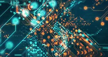 Siyah arkaplan üzerinde teknoloji devresi animasyonu. küresel teknoloji ve dijital arayüz kavramı dijital olarak oluşturulmuş video.