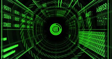 Siyah arkaplan üzerinde veri işleme animasyonu. küresel iş ve dijital arayüz kavramı dijital olarak oluşturulmuş video.