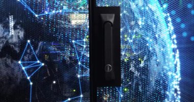 Sunucu odasında hareket eden şekillerin animasyonu. küresel teknoloji ve dijital arayüz kavramı dijital olarak oluşturulmuş video.