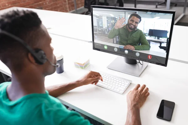 Smiling African American Businessman Waving Male Colleague Video Conference Desktop — Stock Photo, Image