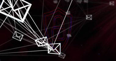 Zarf simgeleri ve siyah arkaplanda asma kilit. küresel iş ve dijital arayüz kavramı dijital olarak oluşturulmuş görüntü.