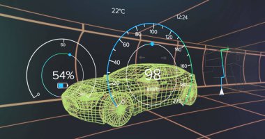 Araç arayüzündeki hız göstergesi, GPS ve durum verileri, 3D 'den fazla araba modeli. Ulaşım ve teknoloji, mühendislik tasarımı ve dijital arayüz konsepti dijital olarak oluşturulmuş görüntü.