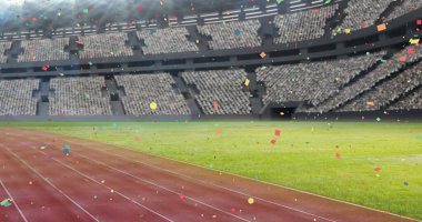 Spor stadyumunun üzerine düşen konfeti görüntüsü. spor, kutlama ve yarışma konsepti dijital olarak oluşturulmuş imaj.