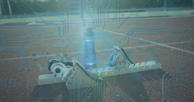 Yarış pistinde blok yaparak su üstünde veri işleme görüntüsü. küresel spor, rekabet ve dijital arayüz kavramı dijital olarak oluşturulmuş görüntü.