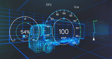 3D kamyon modeli üzerinde hız göstergesi ve güç göstergesi. Ulaşım ve yakıt teknolojisi, mühendislik tasarımı ve dijital arayüz konsepti dijital olarak oluşturulmuş görüntü.
