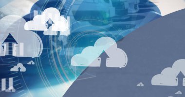 Bulutların görüntüsü ve arabanın üzerindeki çeşitli veriler. global otomotiv işi, araba hizmetleri ve teknoloji konsepti dijital olarak oluşturulmuş görüntü.