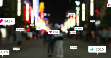 Odak trafik ışıklarından sosyal medya simgeleri ve numaraların görüntüsü. küresel sosyal medya, bağlantılar ve dijital arayüz konsepti dijital olarak oluşturulmuş görüntü.