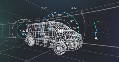 Araç arayüzündeki hız göstergesi, GPS ve durum verileri, 3d 'den fazla minibüs modeli. Ulaşım ve teknoloji, mühendislik tasarımı ve dijital arayüz konsepti dijital olarak oluşturulmuş görüntü.