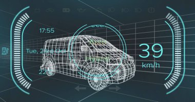 Melez minibüs arayüzü üzerindeki hız göstergesi, GPS ve durum verileri 3d üzerinde. Ulaşım ve teknoloji, mühendislik tasarımı ve dijital arayüz konsepti dijital olarak oluşturulmuş görüntü.