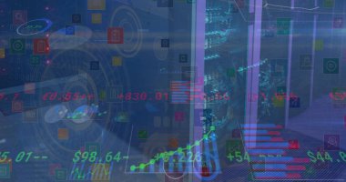 Bilgisayar sunucuları üzerinden finansal veri işleme ve istatistiklerin resmi. küresel finans, iş ve veri işleme kavramı dijital olarak oluşturulmuş görüntü.