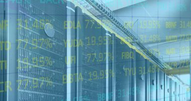 Bilgisayar sunucuları üzerinden finansal veri işleme resmi. küresel hesaplama, dijital arayüz ve dijital olarak oluşturulmuş görüntü veri işleme kavramı.