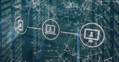 Bağlantı ağının resmi, bilgisayar sunucuları üzerinden veri işleme. küresel hesaplama, dijital arayüz ve dijital olarak oluşturulmuş görüntü veri işleme kavramı.