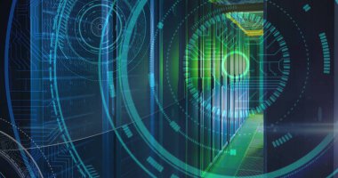 Bilgisayar sunucuları üzerinden tarama ve veri işleme görüntüsü. küresel hesaplama, dijital arayüz ve dijital olarak oluşturulmuş görüntü veri işleme kavramı.