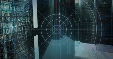 Bilgisayar sunucularında tarama ve veri işleme görüntüsü. küresel hesaplama ve veri işleme kavramı dijital olarak oluşturulmuş resim.