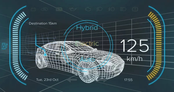 ハイブリッド車インターフェース上の速度計と電力状態データの画像 3D車モデル上 輸送と技術 エンジニアリング設計とデジタルインターフェースの概念デジタル生成された画像 — ストック写真