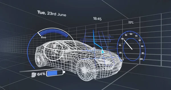 Obraz Prędkościomierza Gps Stanu Naładowania Interfejsie Pojazdu Ponad Modelu Samochodu — Zdjęcie stockowe