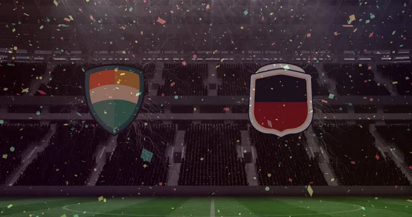 Colorful confetti falling over two badges of teams against sports stadium in background. sports competition and tournament concept