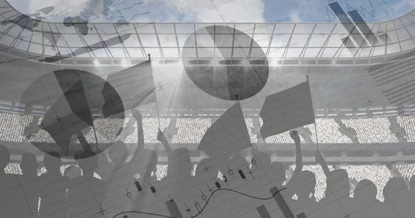 Traitement Des Données Statistiques Contre Silhouette Fans Acclamations Stade Sport — Photo
