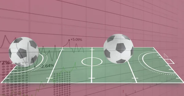 赤を背景にサッカー場に落下する複数のサッカーボールに関する統計データ処理 スポーツ大会やトーナメントのコンセプトは — ストック写真