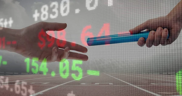 Stock Market Data Processing Close Hand Passing Baton Sports Field — Stock Photo, Image